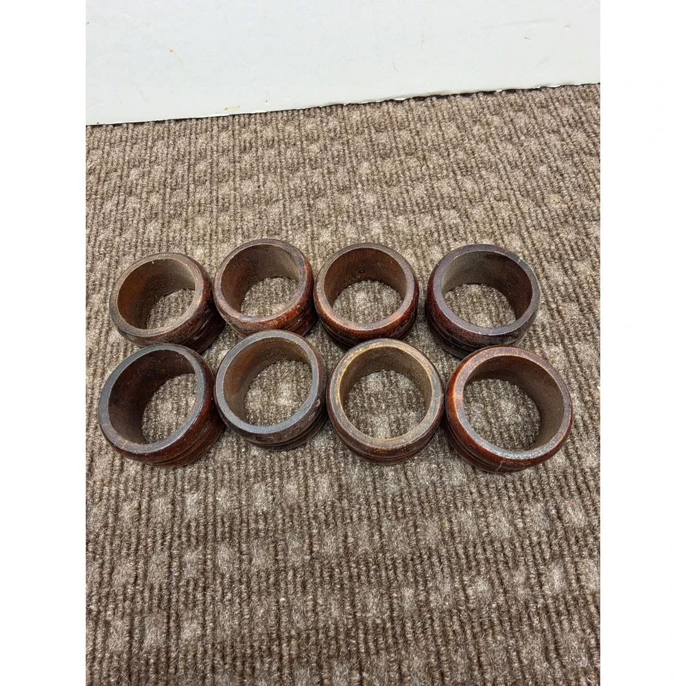 Vintage Dark Wood Napkin Rings Set of 8 Rustic Grooved Round Table Decor Brown